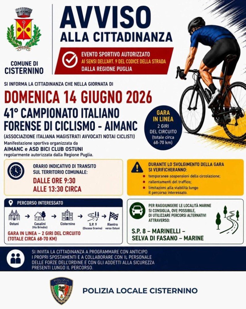 Modifiche alla viabilità domenica 14 giugno 2026 per il 41° Campionato Italiano Forense di Ciclismo