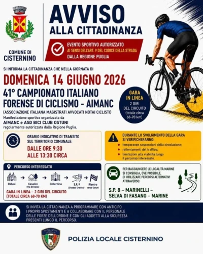 Modifiche alla viabilità domenica 14 giugno 2026 per il 41° Campionato Italiano Forense di Ciclismo