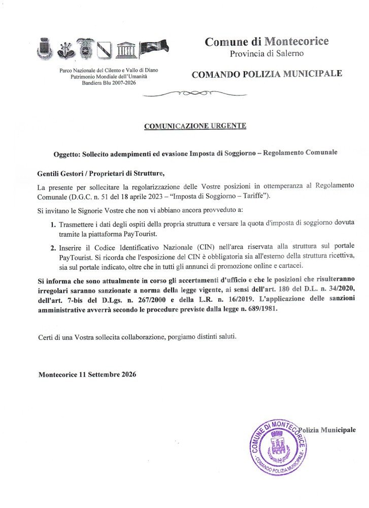COMUNICAZIONE UGENTE - REGOLARIZZAZIONE POSIZIONE IMPOSTA DI SOGGIORNO 2026