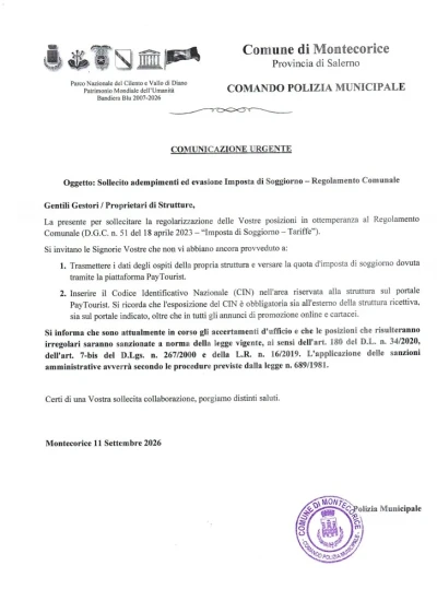 COMUNICAZIONE UGENTE - REGOLARIZZAZIONE POSIZIONE IMPOSTA DI SOGGIORNO 2026