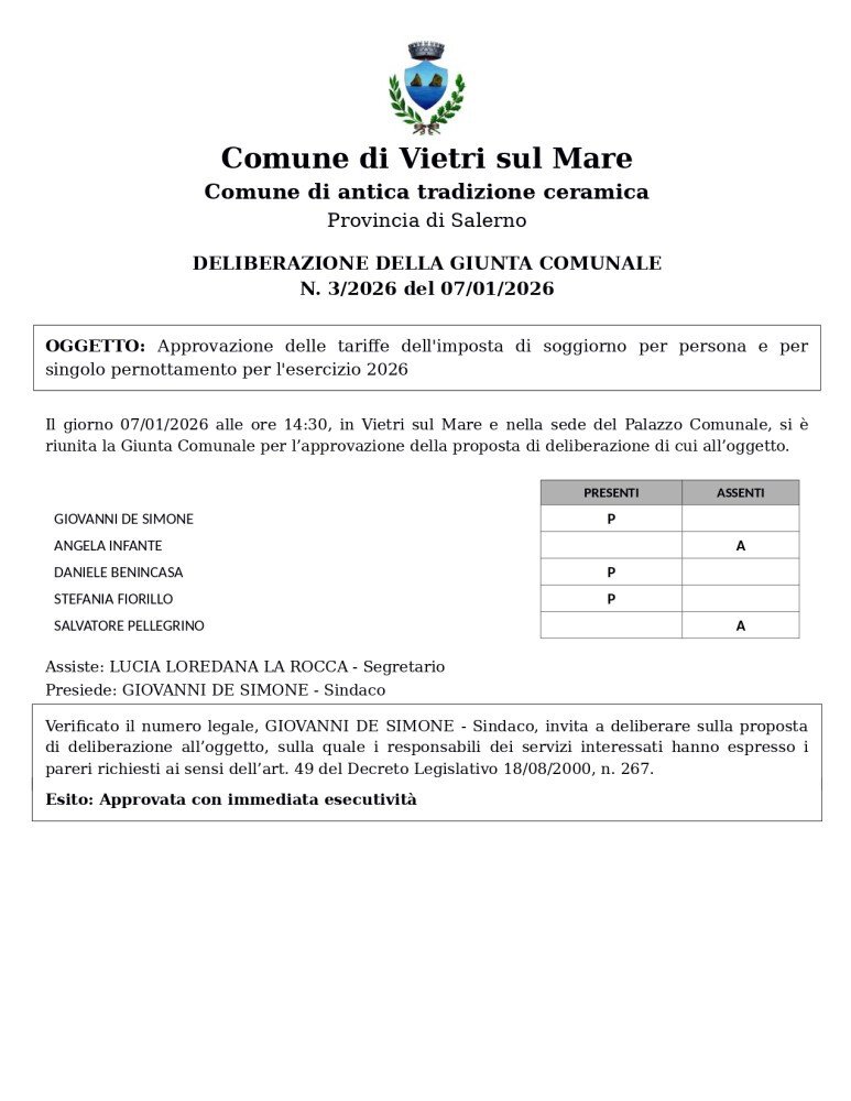 Delibera n.3/2026 del 07.01.2026 - Approvazione delle tariffe dell'imposta di soggiorno per persona e per singolo pernottamento per l'esercizio 2026